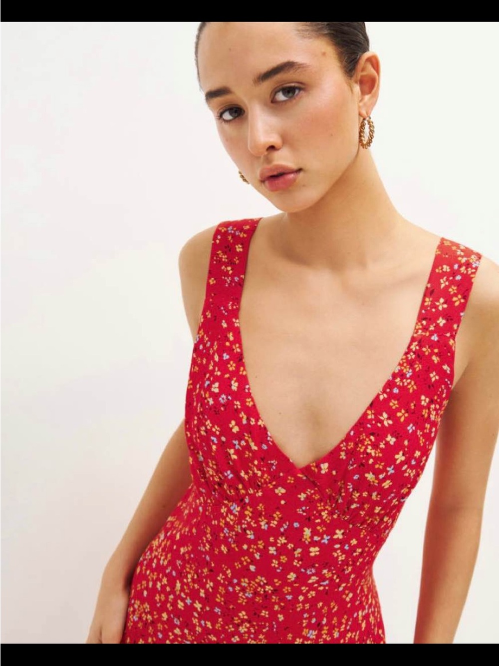 Reformation Red Floral Deep V Midi Dress